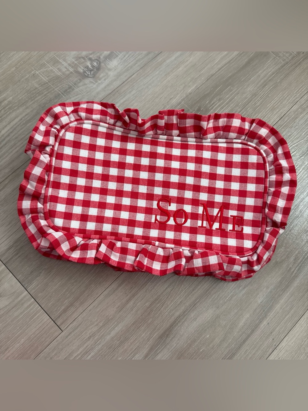NWOT SO ME Embroidered Red and White gingham Makeup Bag with ruffled edges